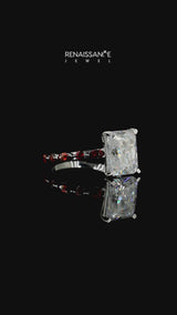 Silver Radiant Cut Diamond Ring with Marquise and Round with Garnet side stone Side Stones and Four-Prong Setting