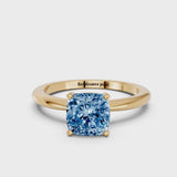 Yellow gold Fancy Blue Cushion Cut Diamond Solitaire Ring with Six-Prong Setting and Classic Band