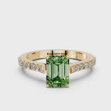 Yellow gold Fancy Green Emerald  Cut Solitaire Diamond Engagement Ring with Pave Band and Four-Prong Setting