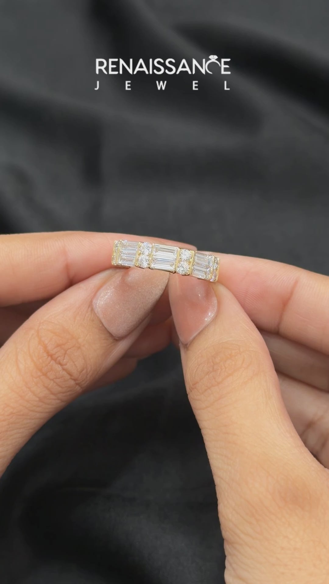 Yellow gold Channel Set Baguette and Round Diamond Band with Bar Prongs_5