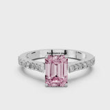 Silver Fancy Pink Emerald  Cut Solitaire Diamond Engagement Ring with Pave Band and Four-Prong Setting