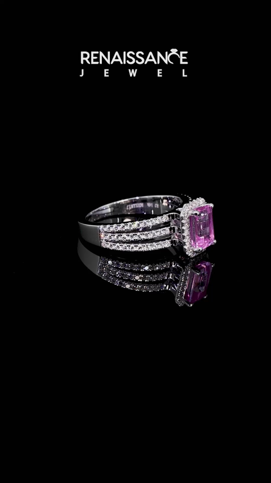 White gold Emerald Cut Pink Sapphire Halo Engagement Ring with Split Shank and Four-Prong Setting_12