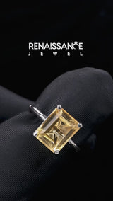 Silver Emerald Cut Citrine Solitaire Engagement Ring with Round Band and Four-Prong Setting