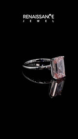 Platinum Fancy Pink Emerald  Cut Solitaire Engagement Ring with Thin Band and Four-Prong Setting