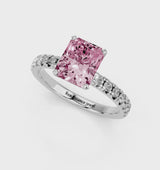 Platinum Fancy Pink Radiant  Solitaire Pave Diamond Engagement Ring with Four-Prong Setting
