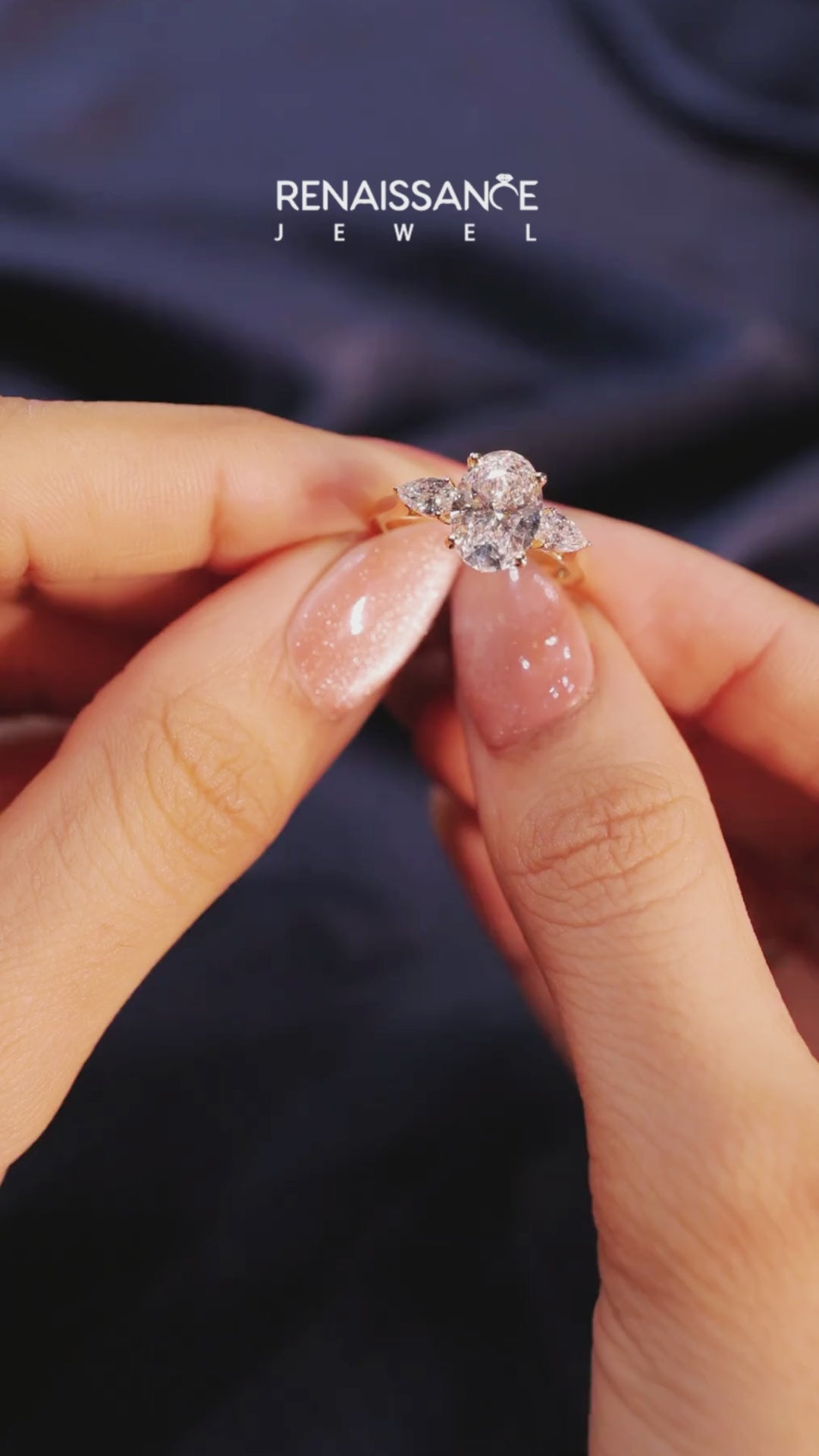 Yellow gold Three-Stone Oval Diamond Solitaire Ring with Pear Side Stones and Four-Prong Setting 3