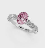 Platinum Fancy Pink Oval Cut Diamond Prong Setting with Side Stones on a Pave Band