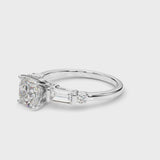 Silver Cushion Cut Diamond Ring with Baguette Side Stones, Channel Set Band, and Four-Prong Setting