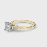 Yellow gold Princess Solitaire with Tapered Baguette Side Stones on a Classic Band with Four-Prong Setting