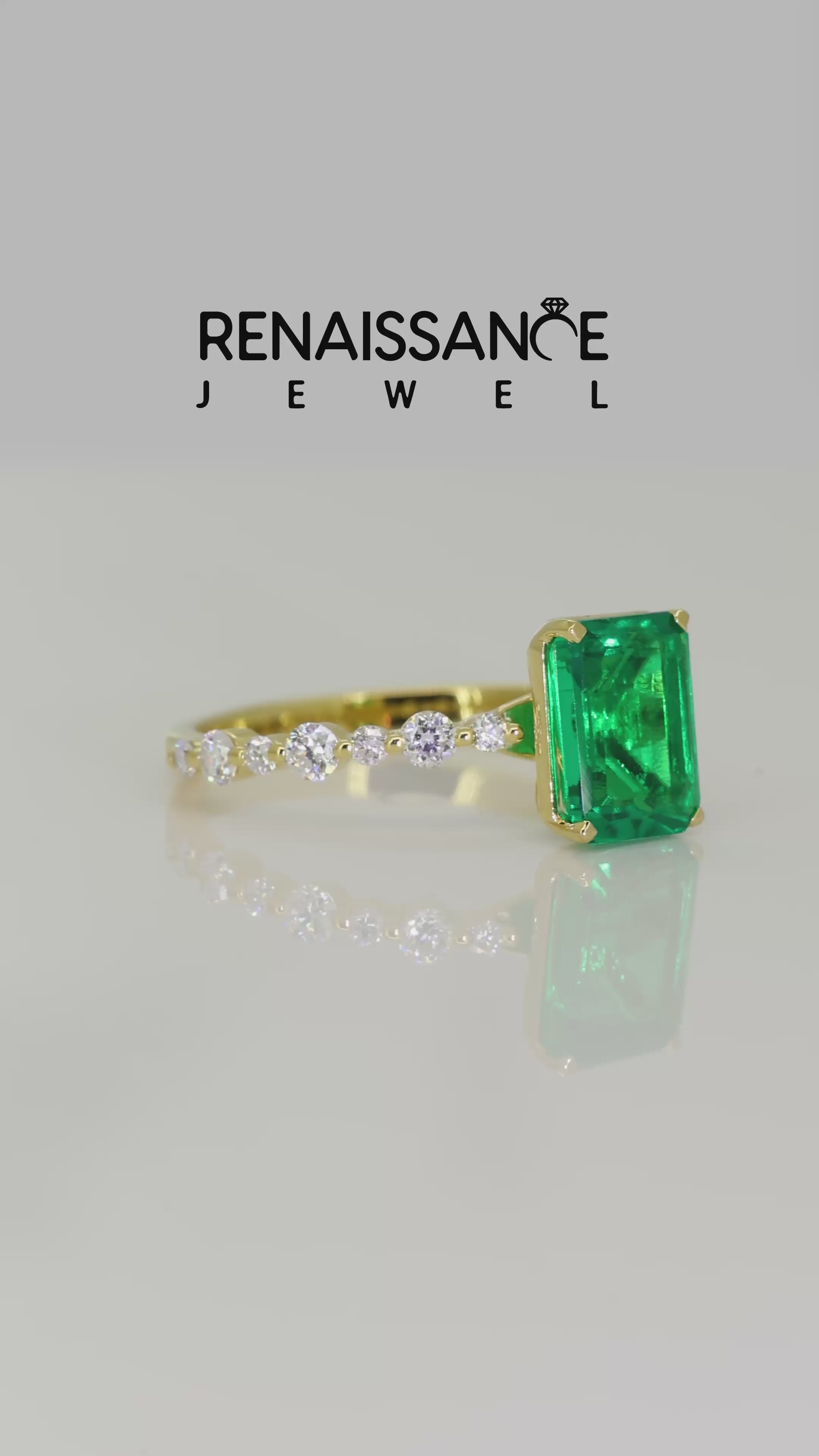 Yellow gold Emerald Cut Emerald Prong Set Engagement Ring with Pavé Band_15