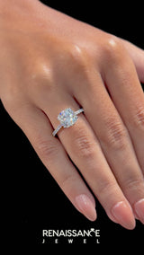 Silver Cushion Solitaire Diamond Engagement Ring with Pave Band and Six-Prong Setting
