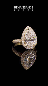 Yellow gold Pear Halo Diamond Ring with Pavé Band