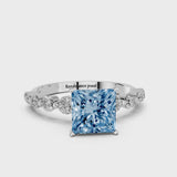 Platinum Fancy Blue Princess Cut Solitaire Diamond Ring with Pave Band and Four-Prong Setting