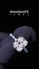 Silver Radiant Cut Diamond Ring with Marquise and Round with Blue Topaz side stone Side Stones and Four-Prong Setting