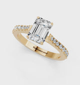 Yellow gold Emerald Cut Solitaire Diamond Engagement Ring with Pave Band and Four-Prong Setting