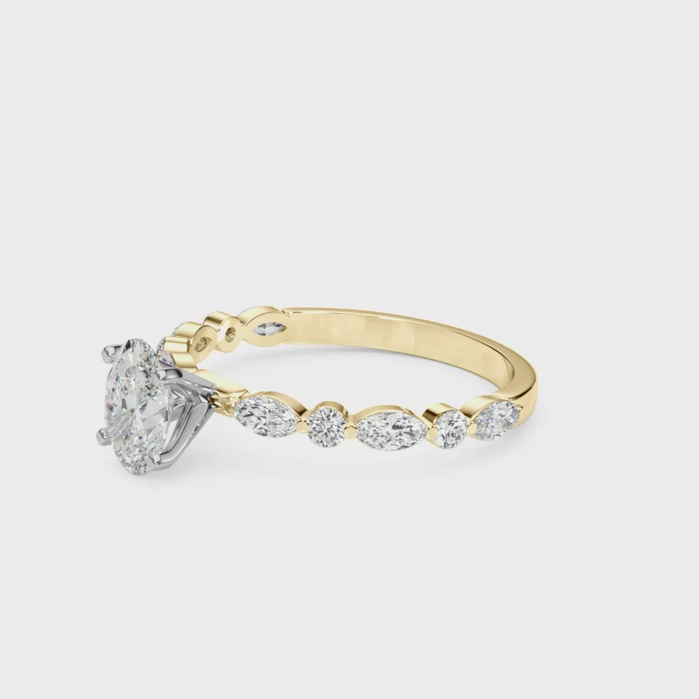 Yellow gold Oval Solitaire with Side Stones on a Pavé Band and Four-Prong Setting 4