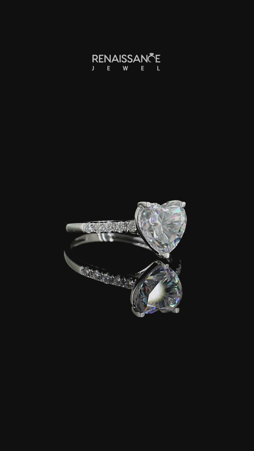 Silver Heart Cut Moissanite Pavé Band Solitaire Ring with Prong Setting_12