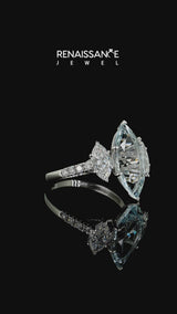 Silver Three-Stone Marquise Cut Aquamarine Ring with Round  Pavé Band and Prong Setting