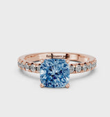 Rose gold Fancy Blue Cushion  Solitaire Pave Diamond Engagement Ring with Four-Prong Setting