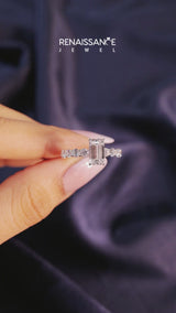 White gold Emerald Cut Diamond Prong Setting with Side Stones on a Pave Band