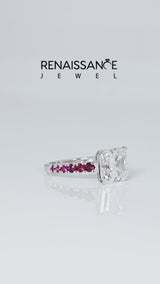 Silver Asscher Cut Diamond Cathedral Solitaire Ring with Round with Ruby side stone Pavé Band