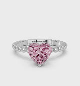 Platinum Fancy Pink Heart Cut Diamond Solitaire Ring with Beaded Band and Prong Setting