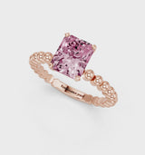 Rose gold Fancy Pink Radiant Cut Diamond Solitaire Ring with Beaded Band and Prong Setting