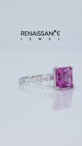 Silver Princess Cut Pink Sapphire Solitaire Ring with Round  Pavé Band and Prong Setting