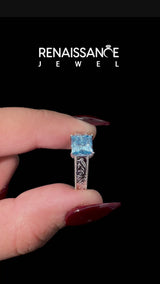 White Gold Princess Cut Vintage Engraved Solitaire Engagement Ring Setting for Fancy Blue Center