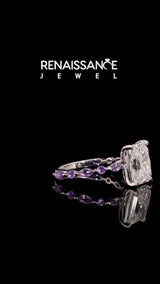 White gold Radiant Cut Diamond Ring with Marquise and Round with Amethyst side stone Side Stones and Four-Prong Setting