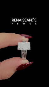 White Gold Radiant Cut Vintage Solitaire Engagement Ring Setting with Leaf Scroll Engraved Band