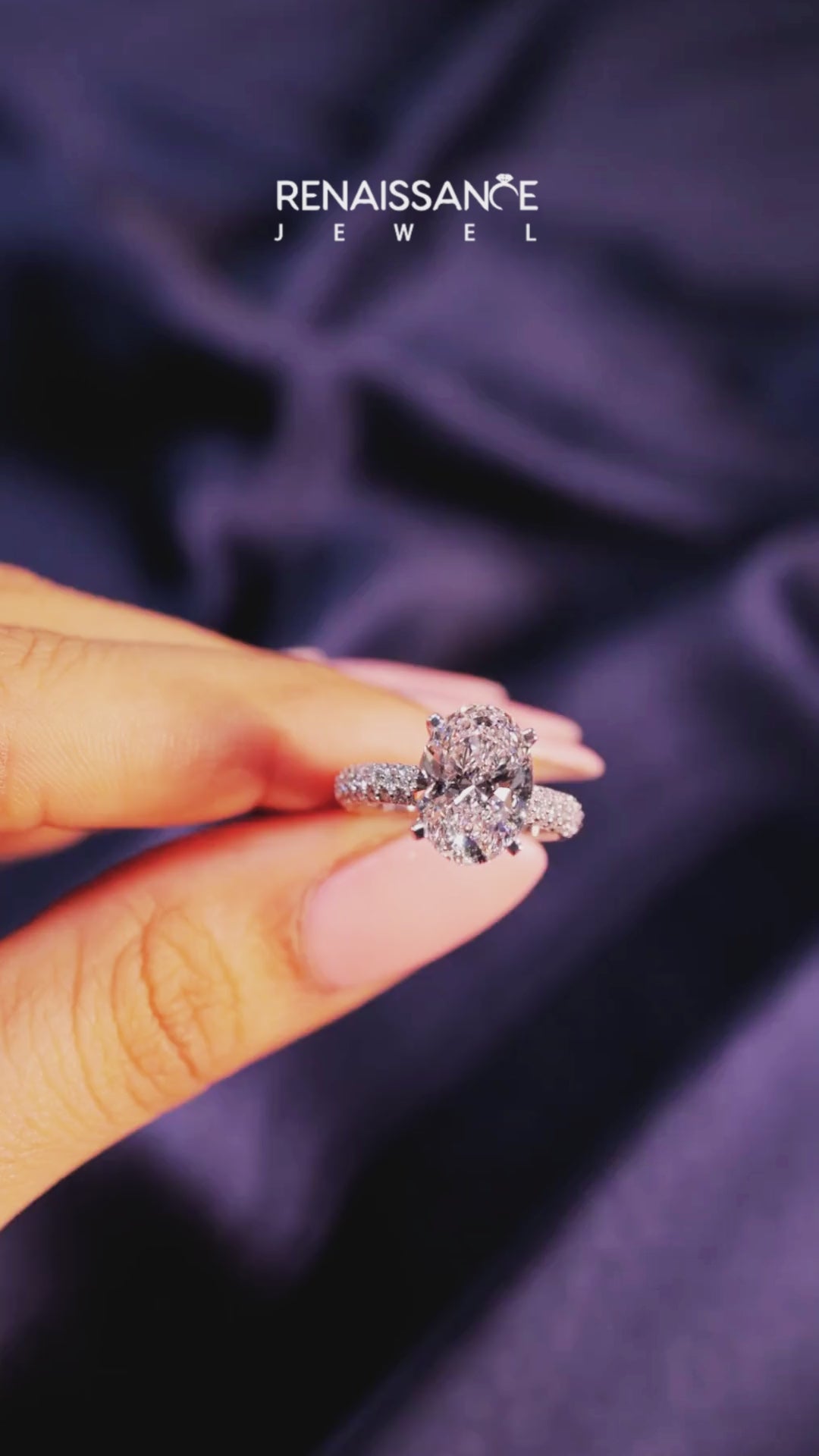 Platinum Oval Solitaire with Pave Band and Four-Prong Setting 7