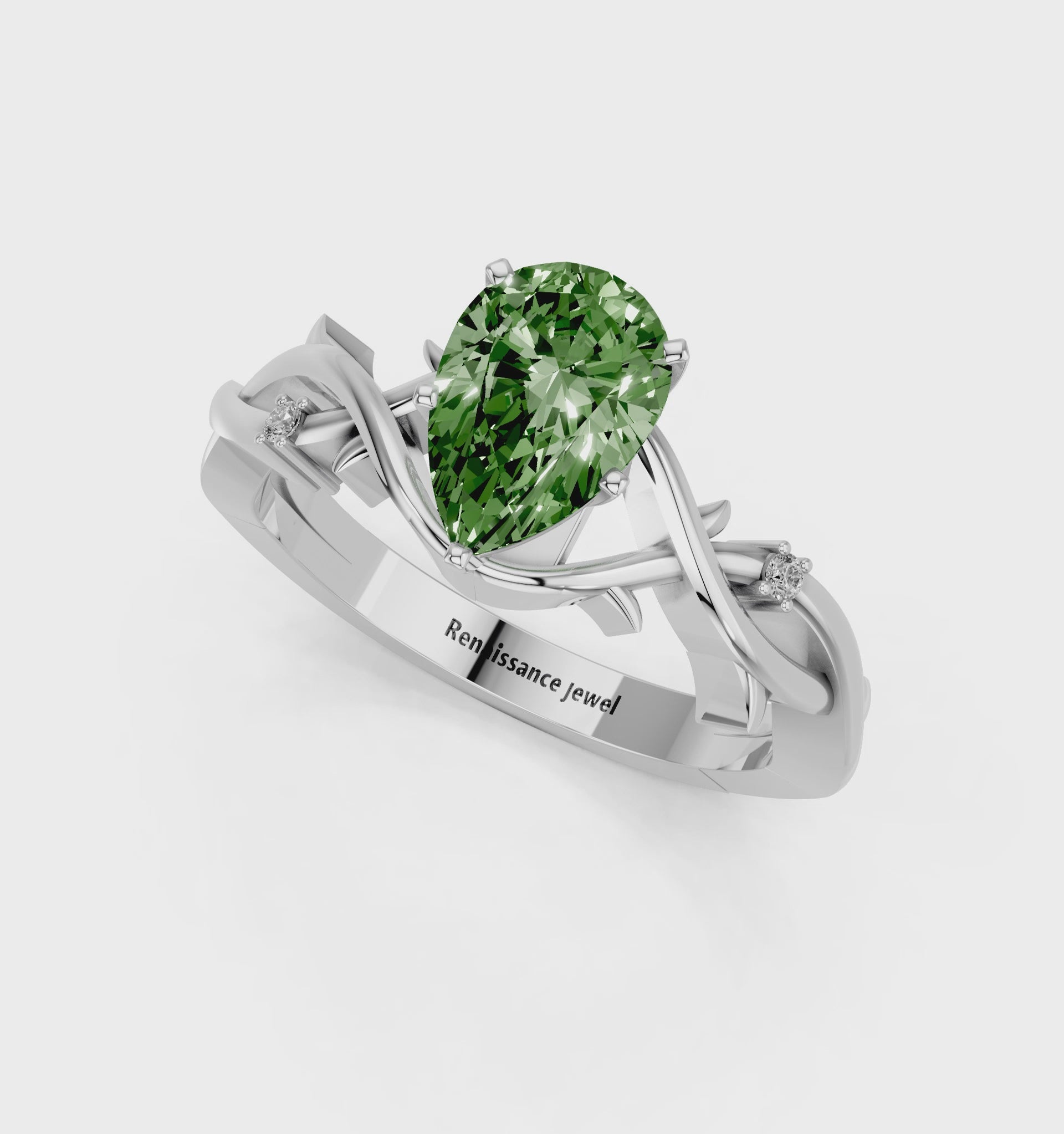 White gold Fancy Green Pear cut Solitaire Twisted Band Prong Setting Ring_198