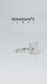 Platinum Radiant Cut Diamond Ring with Marquise and Round with Green Sapphire side stone Side Stones and Four-Prong Setting