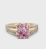 Yellow gold Fancy Pink Radiant Cut Diamond Solitaire Engagement Ring with Split Shank Pavé Band
