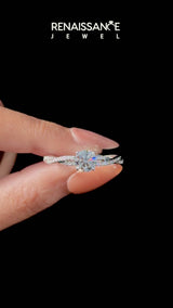 Silver Round Solitaire Twisted Band Pavé Diamond Ring