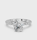 White gold Oval Cut Diamond Solitaire Ring with Beaded Band and Prong Setting
