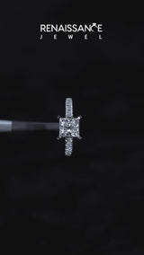 White gold Emerald Cut Diamond Cathedral Solitaire Ring with Round  Pavé Band