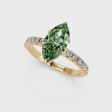 Yellow gold Fancy Green Marquise Cut Diamond Solitaire Pavé Band with Four-Prong Setting