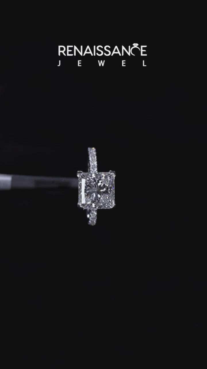 Silver Princess Diamond Pavé Band Solitaire with Four-Prong Setting 4