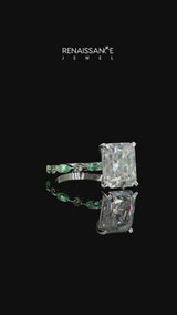 Silver Radiant Cut Diamond Ring with Marquise and Round with Green Sapphire side stone Side Stones and Four-Prong Setting