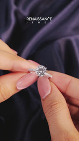 Silver Cushion Cut Diamond Solitaire Engagement Ring with Pavé Band and Four-Prong Setting