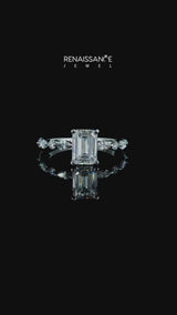 White gold Radiant Cut Diamond Ring with Marquise and Round  Side Stones and Four-Prong Setting