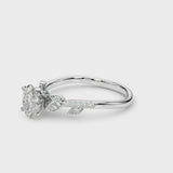 White gold Oval Solitaire Leaf-Inspired Diamond Ring with Pavé Band and Four-Prong Setting