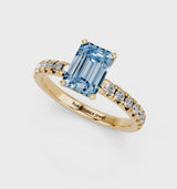 Yellow gold Fancy Blue Emerald  Solitaire Pave Diamond Engagement Ring with Four-Prong Setting