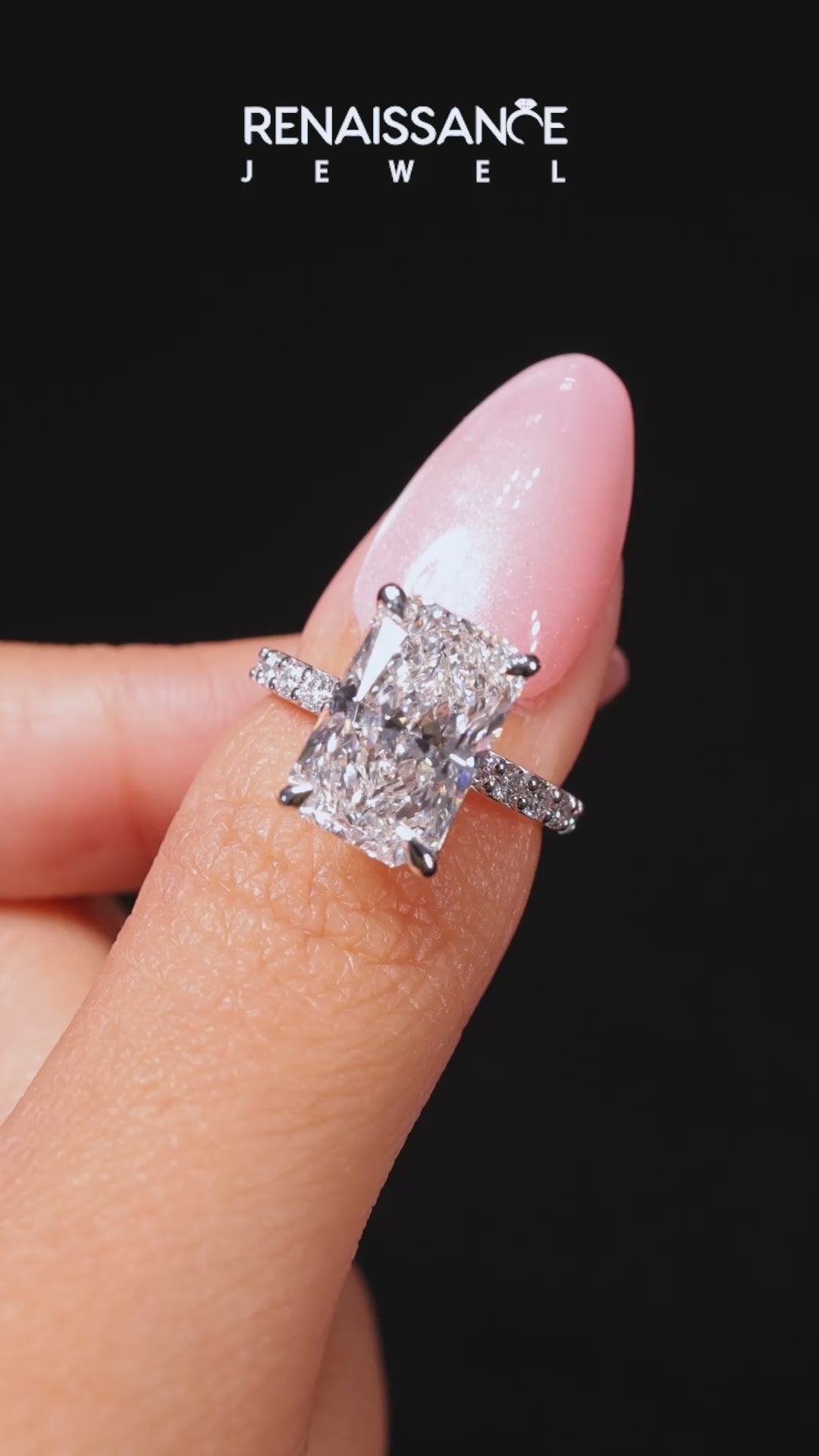 Platinum Radiant Cut Diamond Ring with Pavé Band and Four-Prong Setting_50