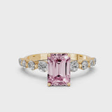 Yellow gold Fancy Pink Emerald Cut Solitaire Diamond Ring with Pave Band and Four-Prong Setting