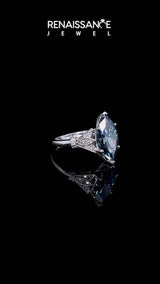 White gold Fancy Blue Marquise  Diamond Solitaire Ring with Floral Filigree and Pave Accents