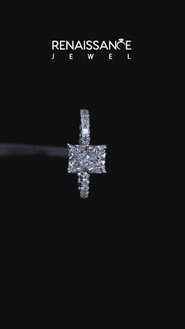 Platinum Radiant Solitaire Diamond Pavé Band with Four-Prong Setting 6