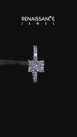 Platinum Radiant Cut Diamond Solitaire Ring with Round  Pavé Band and Four-Prong Setting